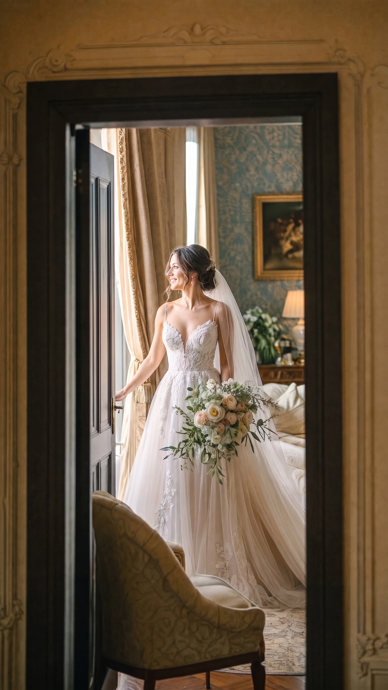 Mariée souriante en robe blanche, bouquet à la main, regardant par la fenêtre lors d'un mariage à Romans